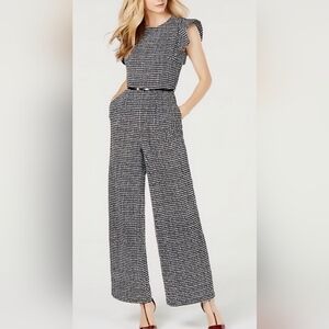 Calvin Klein Black & White Houndstooth Wide-Leg Jumpsuit with Belt